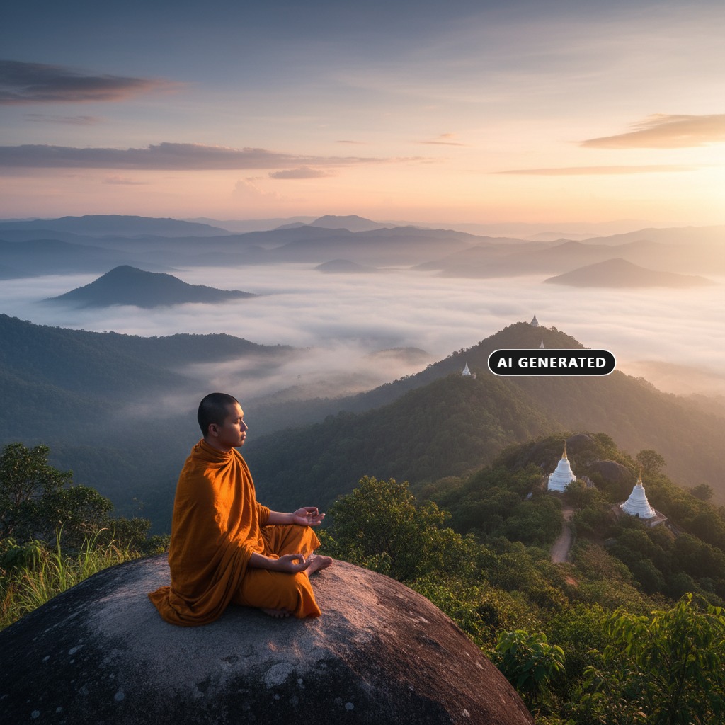 image ai generated พระภิกษุสงฆ์ในชุดจีวรสีส้มกำลังนั่งสมาธิบนโขดหินท่ามกลางวิวภูเขาและทะเลหมอกยามเช้า (AI-generated)